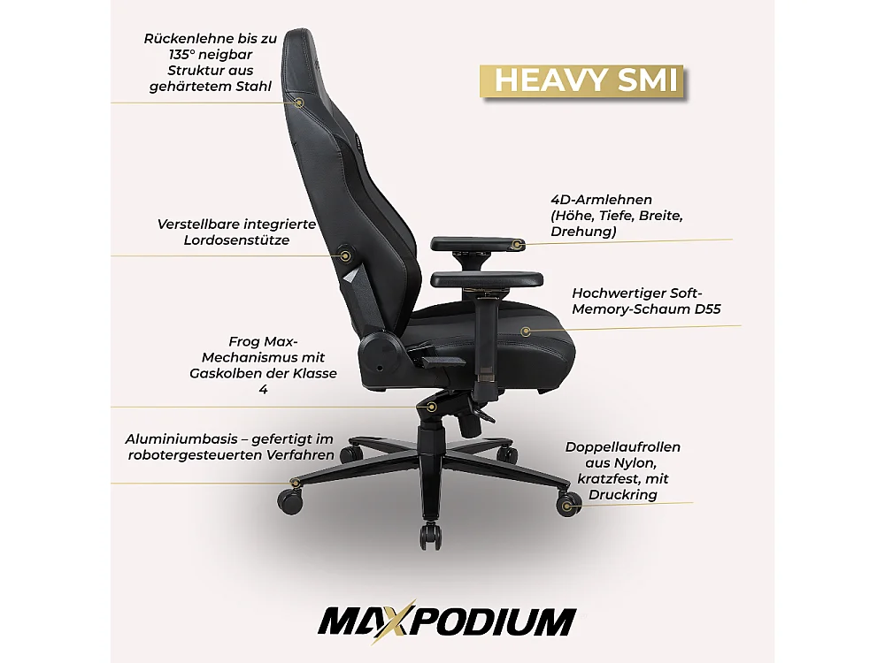 Gamingstoel Premium – met massagefunctie, belastbaar tot 170 kg – Heavy SMI, Zwart