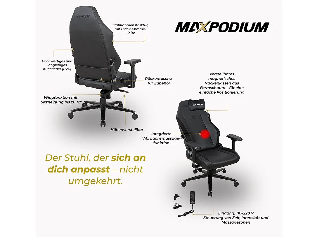 Gamingstoel Premium – met massagefunctie, belastbaar tot 170 kg – Heavy SMI, Zwart