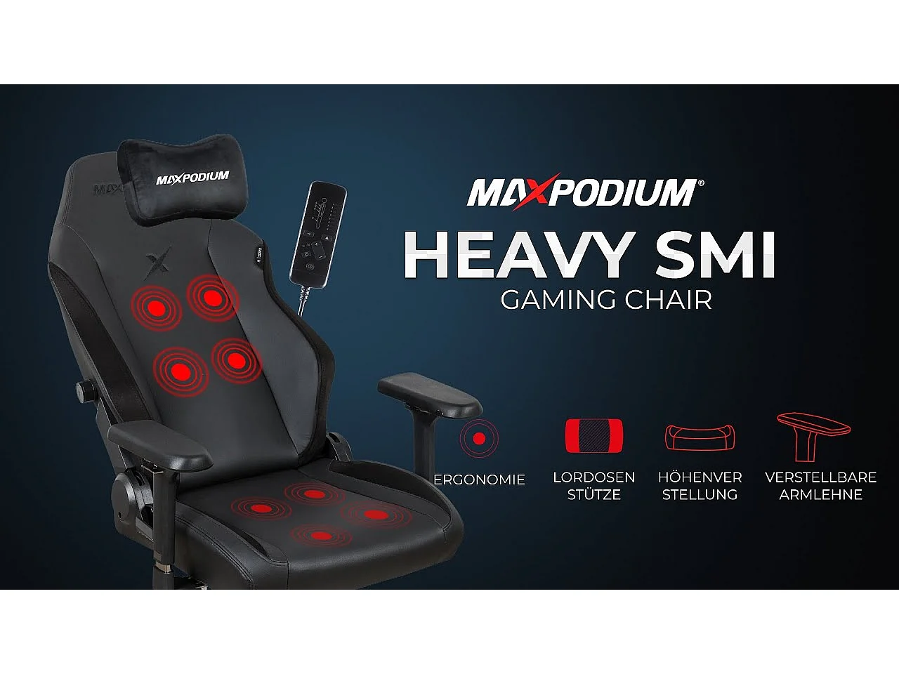 Chaise gamer premium avec fonction de massage, supporte 170 kg – Heavy SMI, Noire