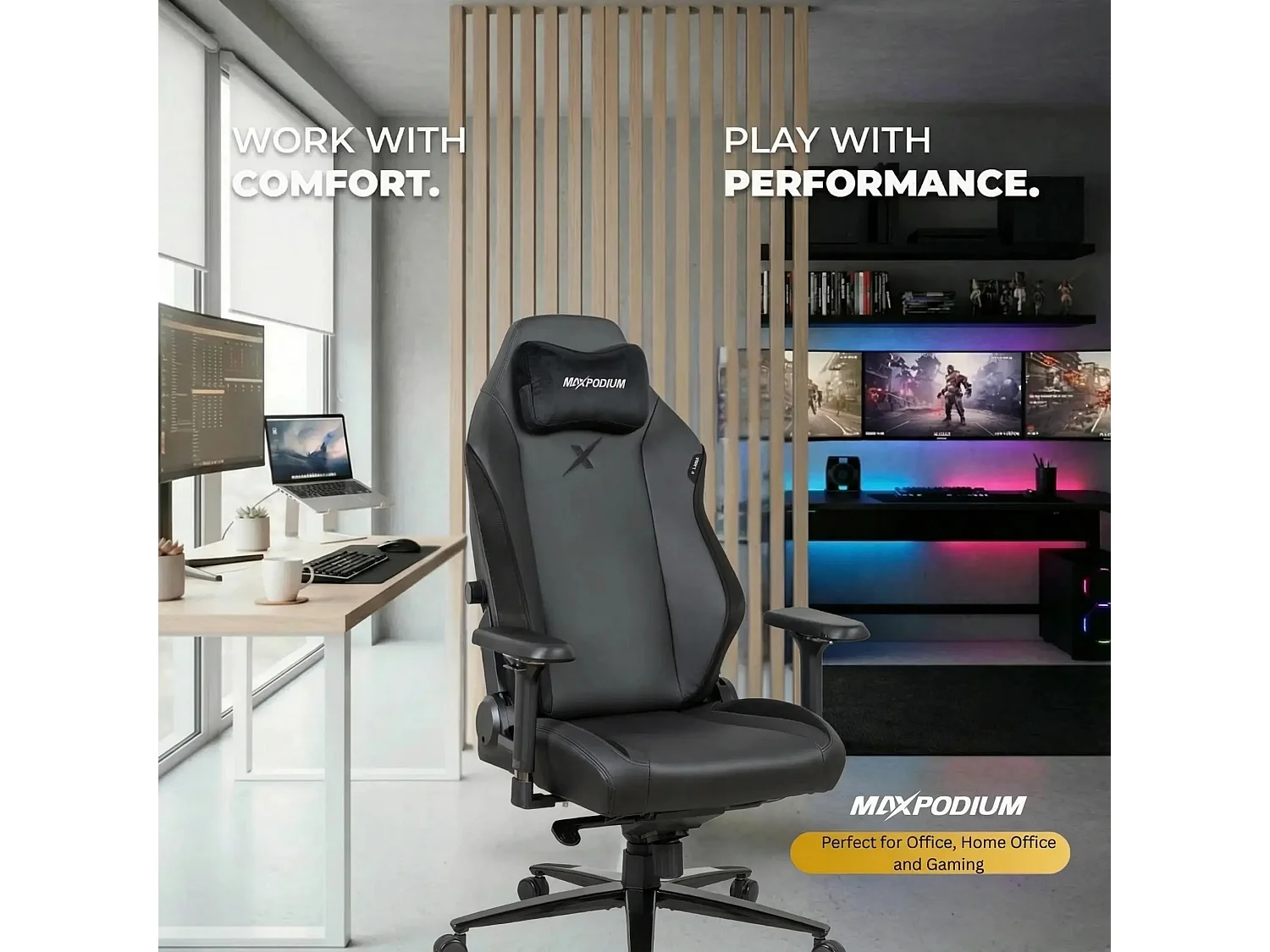 Chaise gamer premium avec fonction de massage, supporte 170 kg – Heavy SMI, Noire
