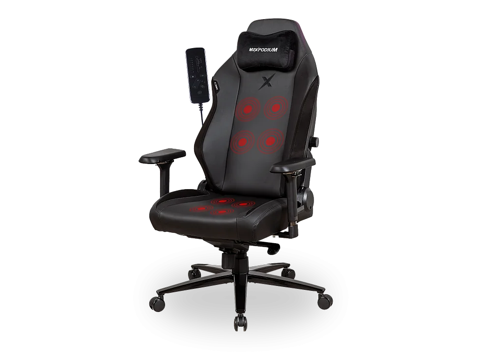 Premium Gaming-Bürostuhl – mit Massagefunktion, extra breit, 4D-Armlehnen, bis 170 kg belastbar – Heavy SMI, Schwarz