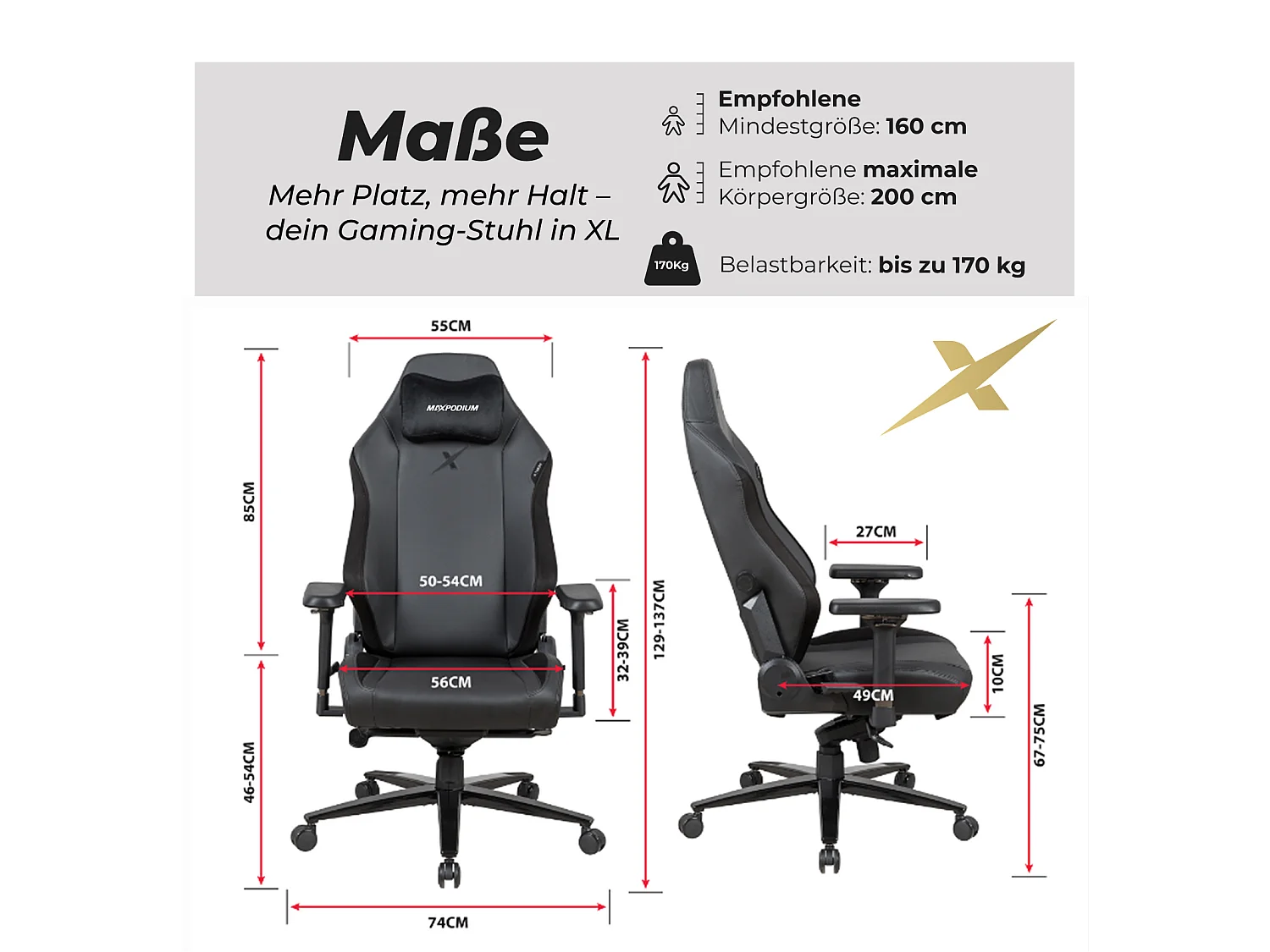 Premium Gaming-Bürostuhl – mit Massagefunktion, extra breit, 4D-Armlehnen, bis 170 kg belastbar – Heavy SMI, Schwarz