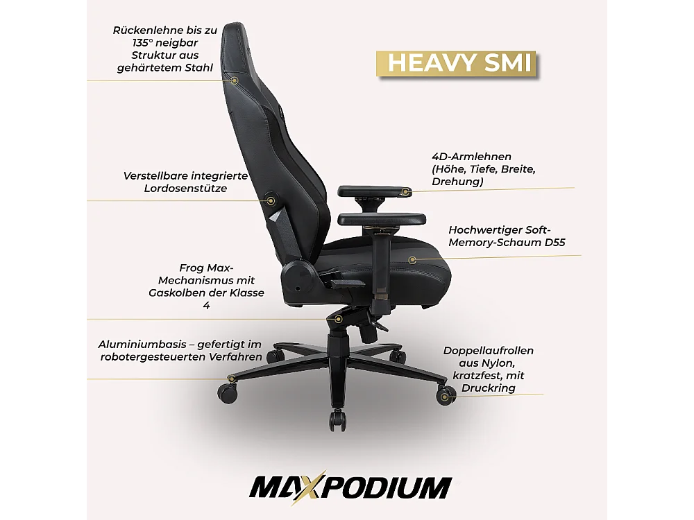 Premium Gaming-Bürostuhl – mit Massagefunktion, extra breit, 4D-Armlehnen, bis 170 kg belastbar – Heavy SMI, Schwarz