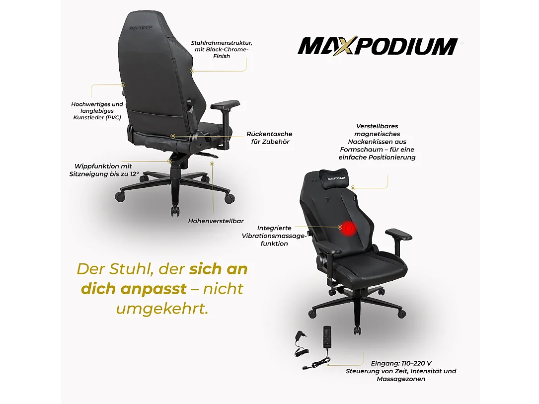 Premium Gaming-Bürostuhl – mit Massagefunktion, extra breit, 4D-Armlehnen, bis 170 kg belastbar – Heavy SMI, Schwarz
