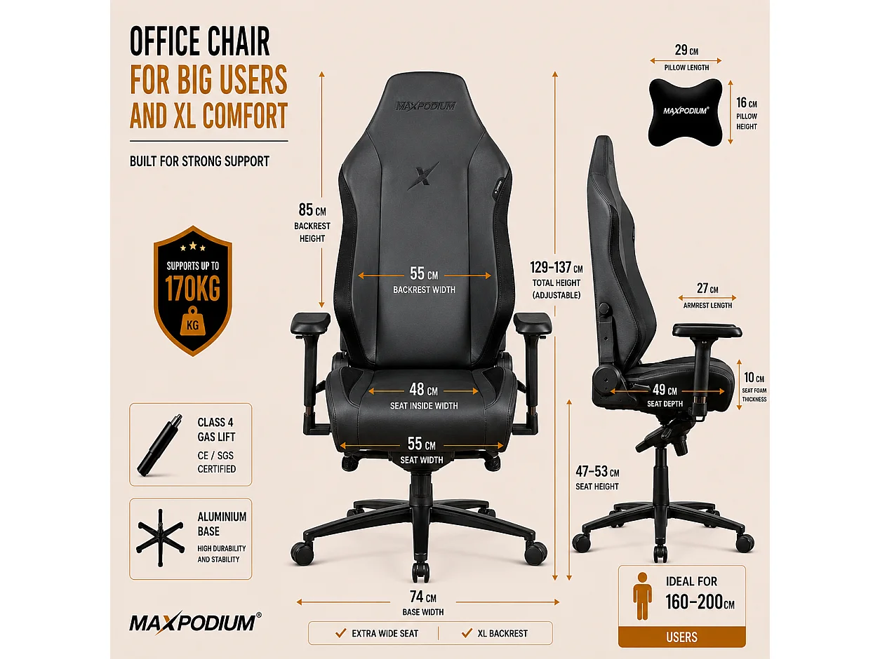 Chaise gamer premium avec fonction de massage, supporte 170 kg – Heavy SMI, Noire