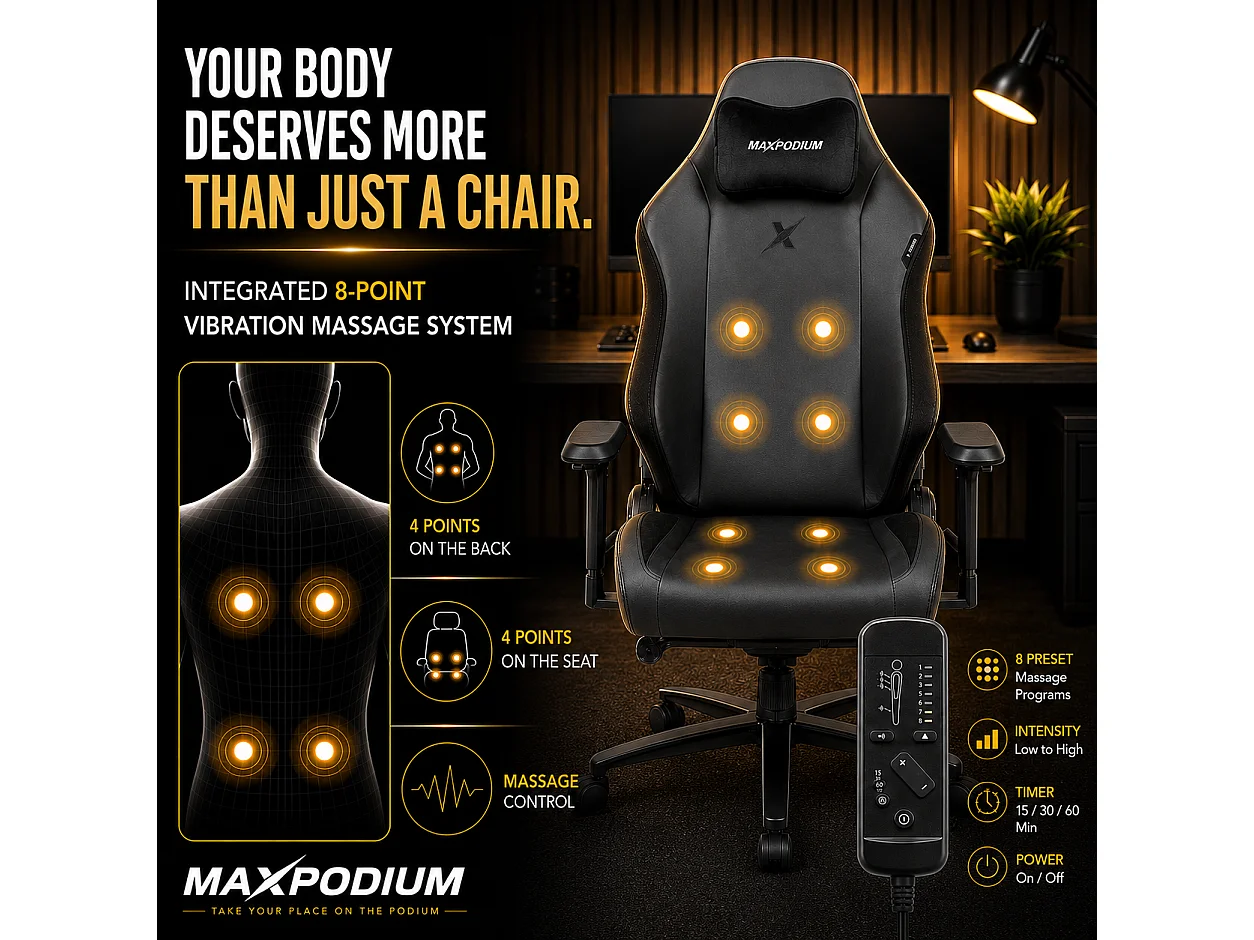 Chaise gamer premium avec fonction de massage, supporte 170 kg – Heavy SMI, Noire
