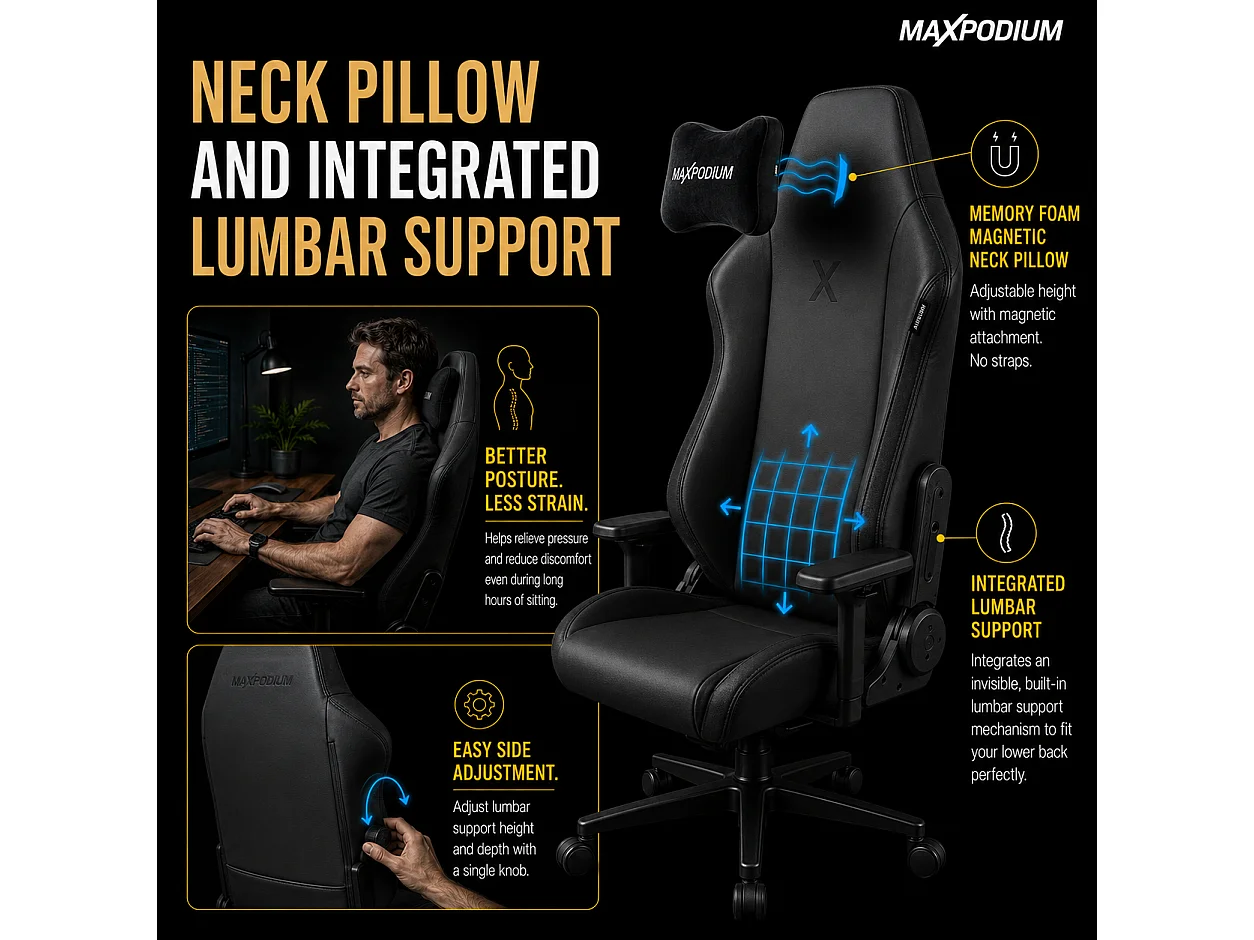 Chaise gamer premium avec fonction de massage, supporte 170 kg – Heavy SMI, Noire