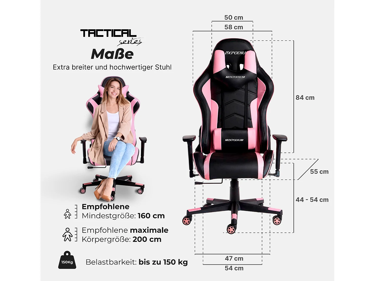 Gaming Stuhl – ergonomisch, extra breit, vielseitig einstellbar, bis 150 kg belastbar – MaxPodium Tactical, Schwarz und Rosa