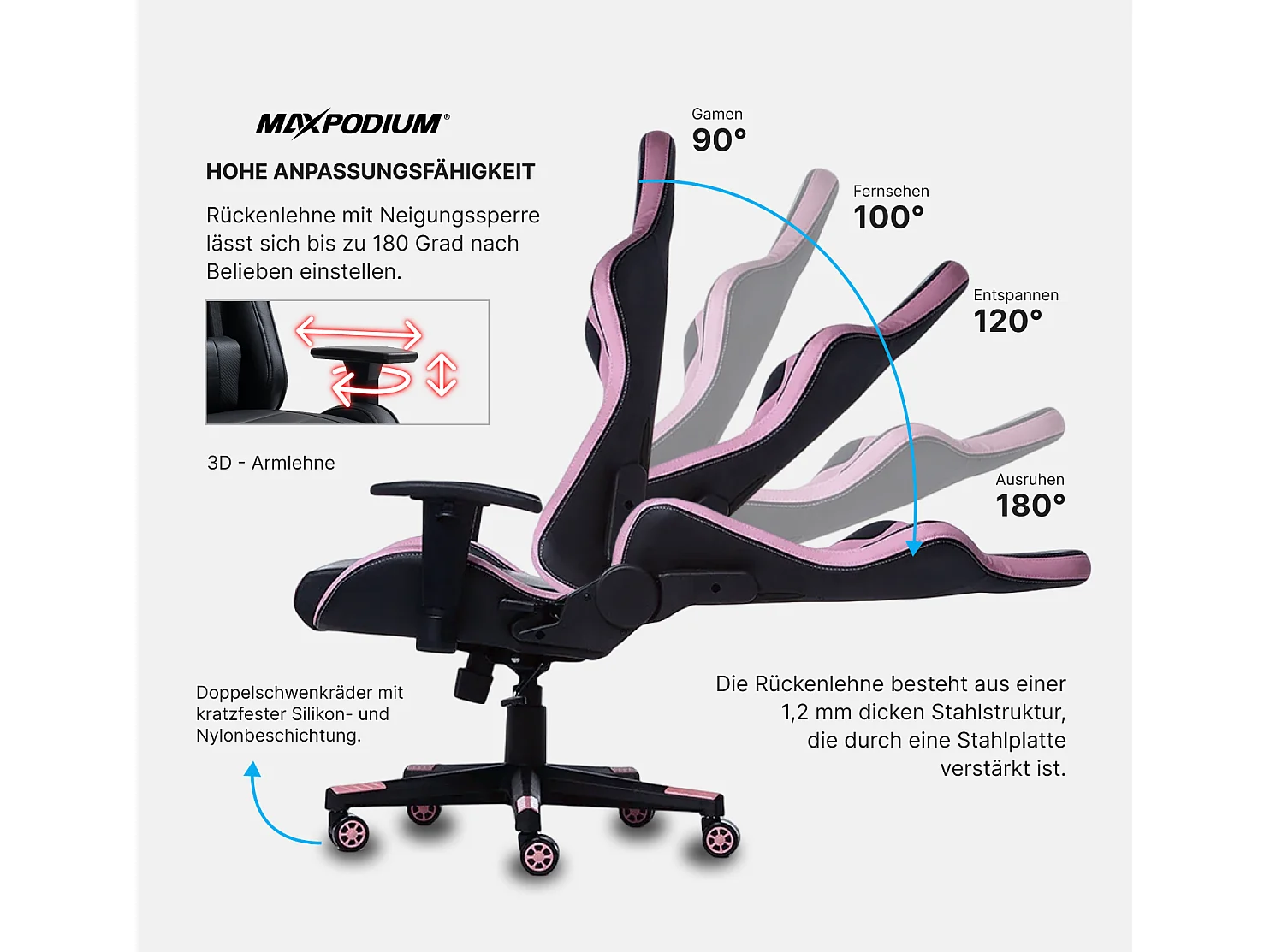 Gaming Stuhl – ergonomisch, extra breit, vielseitig einstellbar, bis 150 kg belastbar – MaxPodium Tactical, Schwarz und Rosa