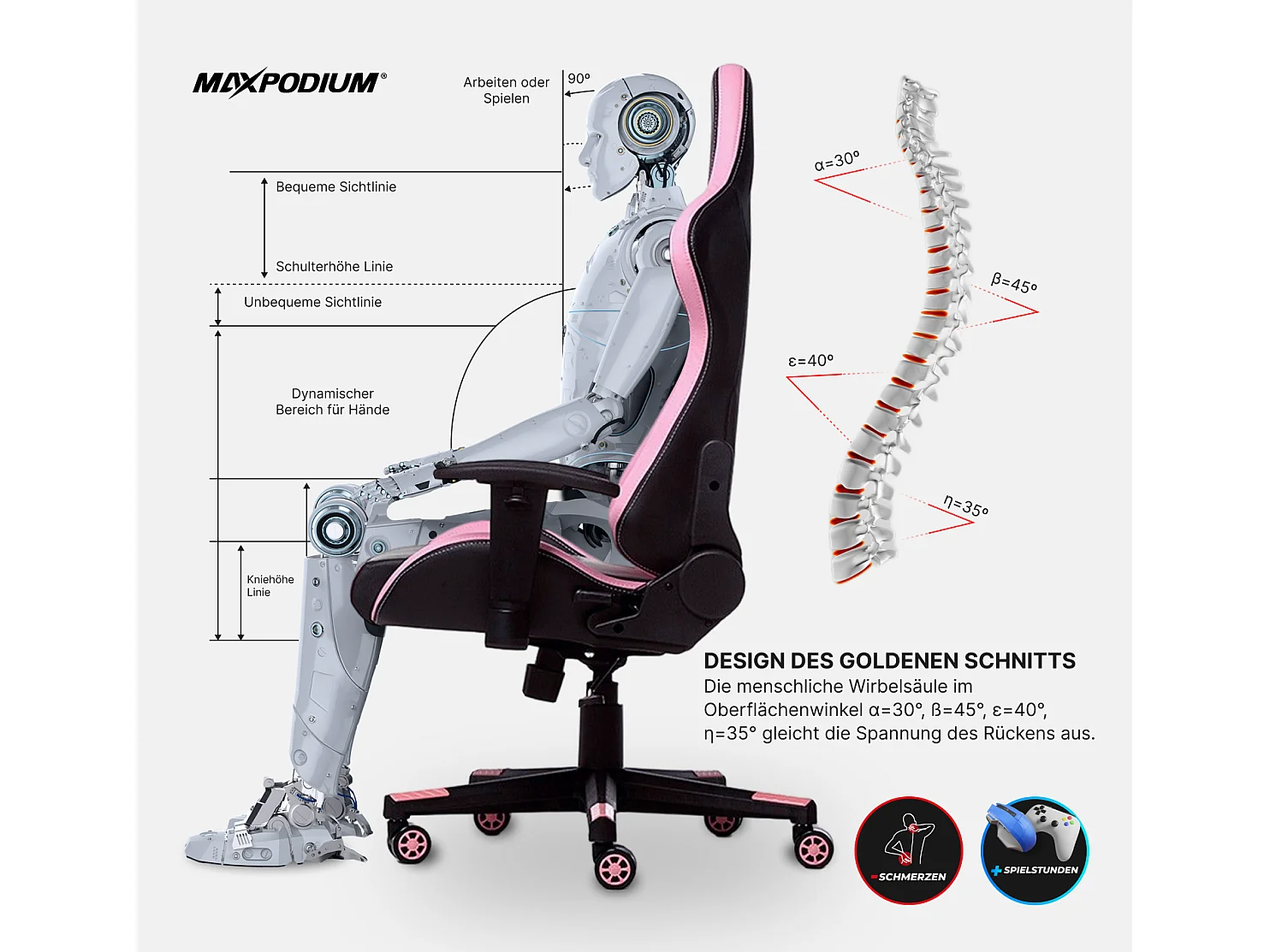 Gaming Stuhl – ergonomisch, extra breit, vielseitig einstellbar, bis 150 kg belastbar – MaxPodium Tactical, Schwarz und Rosa