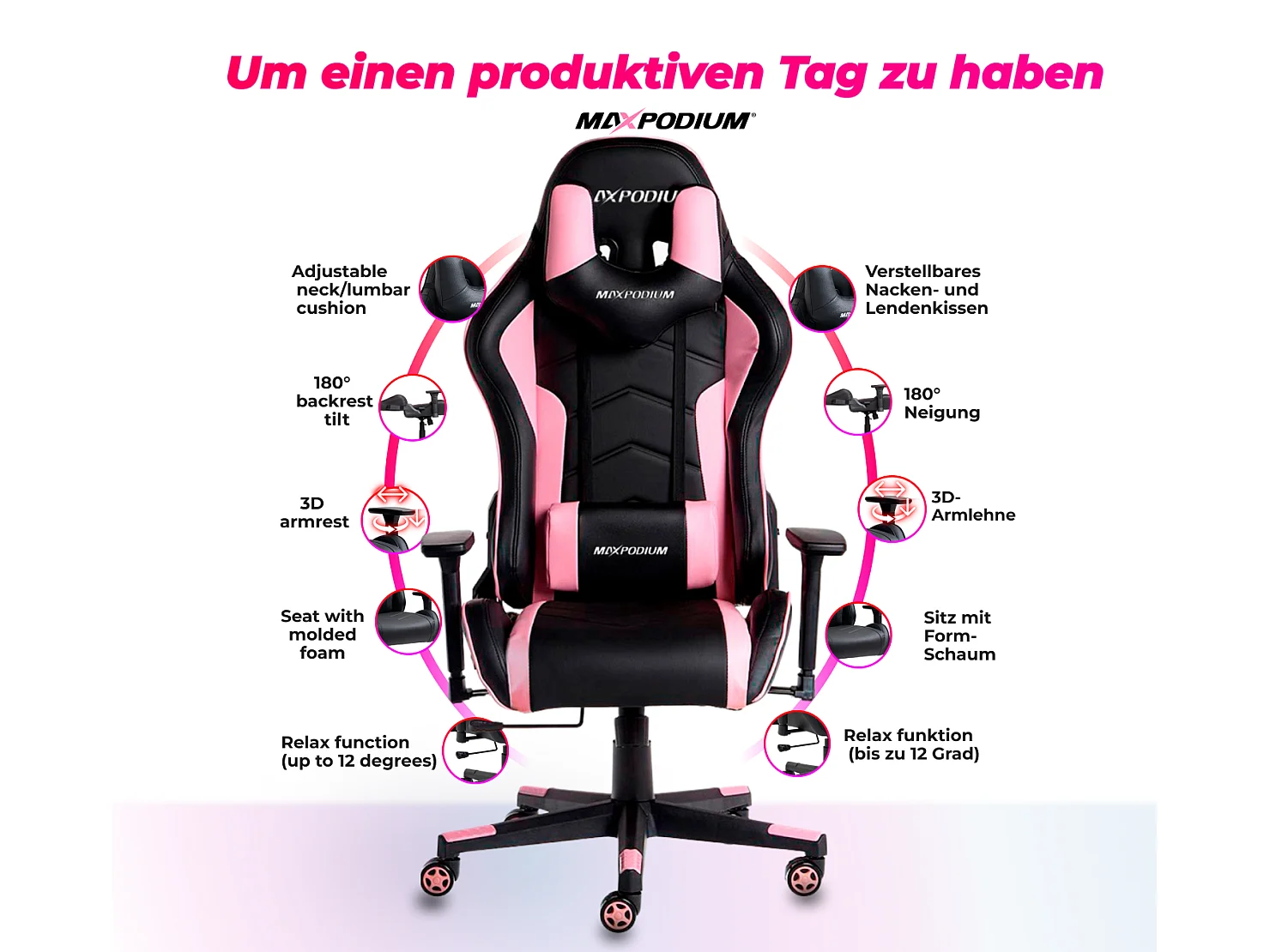 Gaming Stuhl – ergonomisch, extra breit, vielseitig einstellbar, bis 150 kg belastbar – MaxPodium Tactical, Schwarz und Rosa