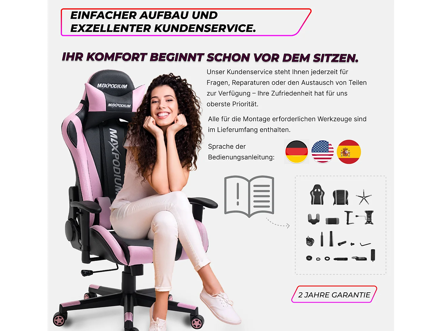 Gaming Stuhl – ergonomisch, extra breit, vielseitig einstellbar, bis 150 kg belastbar – MaxPodium Tactical, Schwarz und Rosa