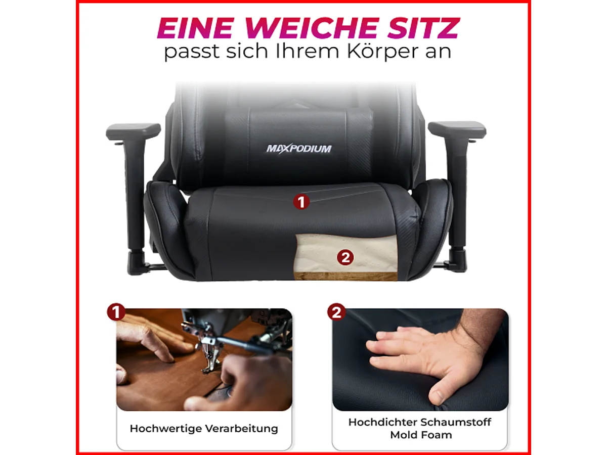 Gaming Stuhl – ergonomisch, extra breit, vielseitig einstellbar, bis 150 kg belastbar – MaxPodium Tactical, Schwarz und Rosa