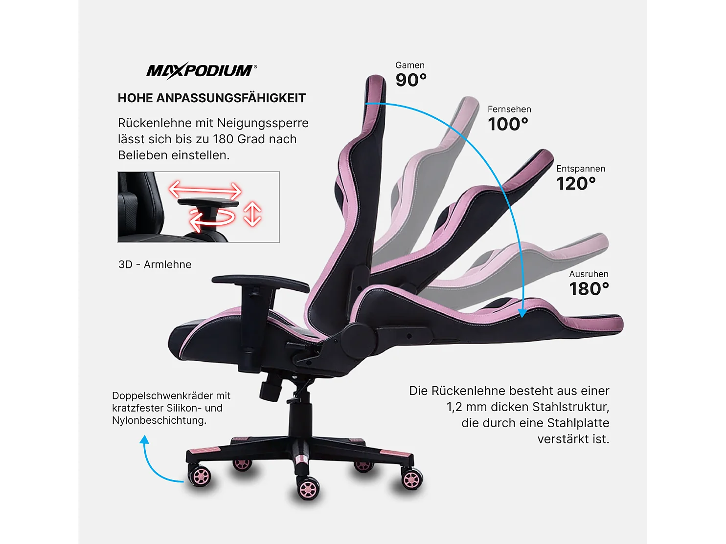 Gaming Stuhl – ergonomisch, extra breit, vielseitig einstellbar, bis 150 kg belastbar – MaxPodium Tactical, Schwarz und Rosa
