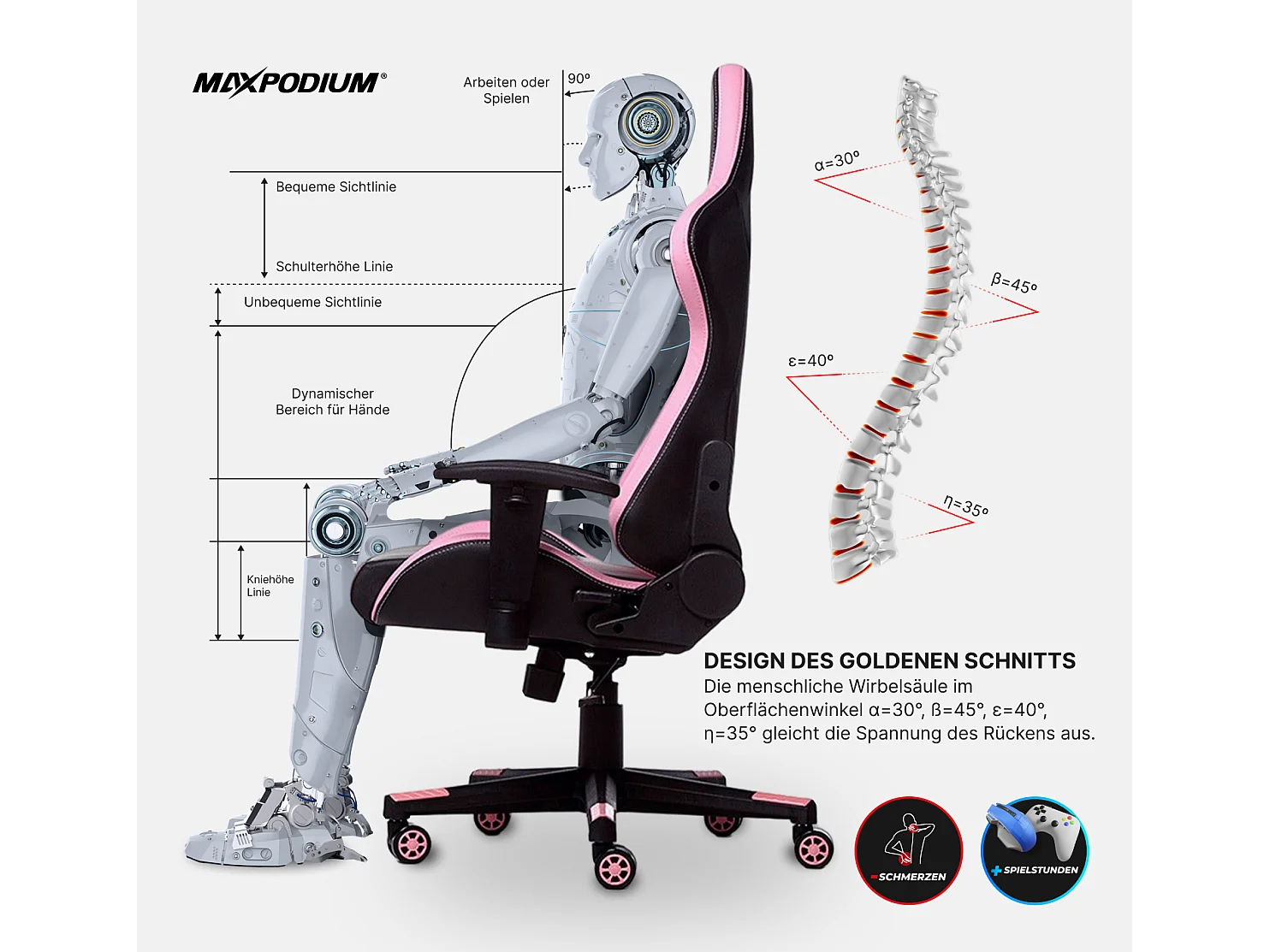 Gaming Stuhl – ergonomisch, extra breit, vielseitig einstellbar, bis 150 kg belastbar – MaxPodium Tactical, Schwarz und Rosa