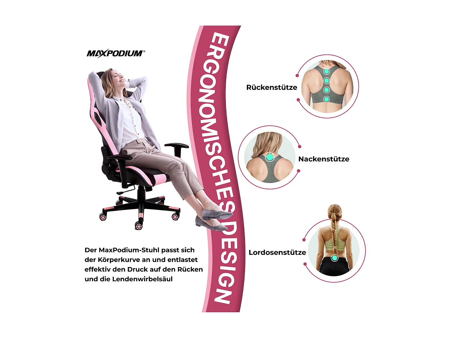 Gaming Stuhl – ergonomisch, extra breit, vielseitig einstellbar, bis 150 kg belastbar – MaxPodium Tactical, Schwarz und Rosa