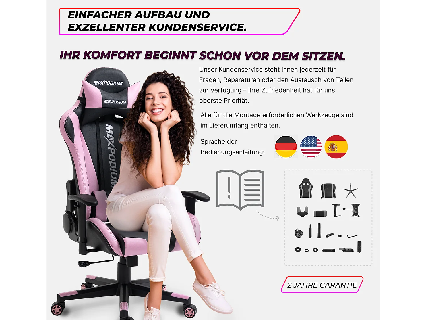 Gaming Stuhl – ergonomisch, extra breit, vielseitig einstellbar, bis 150 kg belastbar – MaxPodium Tactical, Schwarz und Rosa