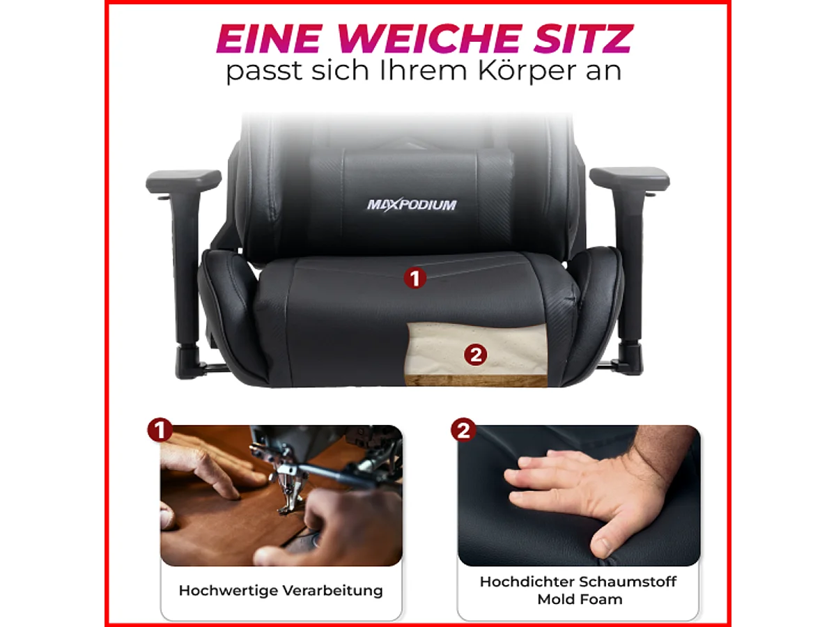 Gaming Stuhl – ergonomisch, extra breit, vielseitig einstellbar, bis 150 kg belastbar – MaxPodium Tactical, Schwarz und Rosa