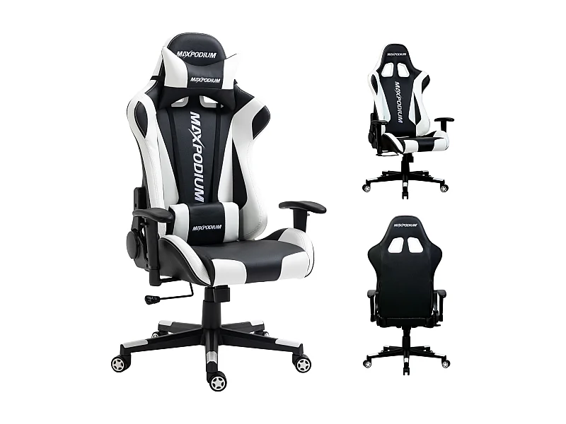 Gaming Stuhl – ergonomisch, vielseitig einstellbar, mit Wippfunktion – MaxPodium Skilled, Schwarz und Weiß