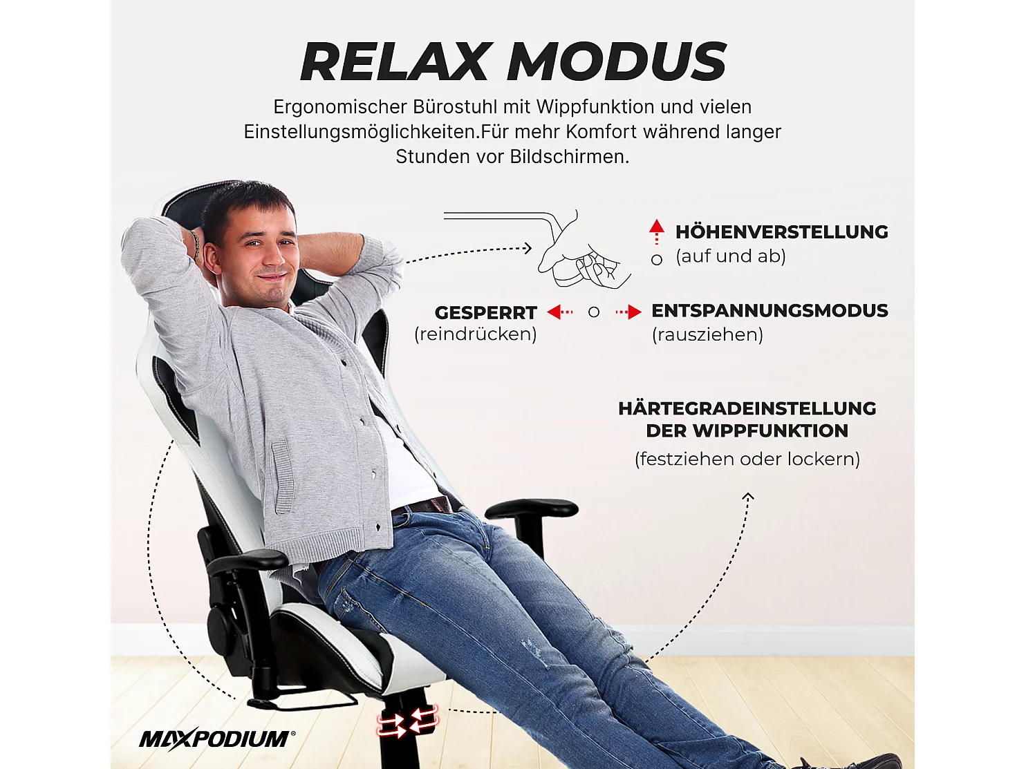 Gamingstoel – ergonomisch, volledig verstelbaar – Skilled, Zwart en Wit