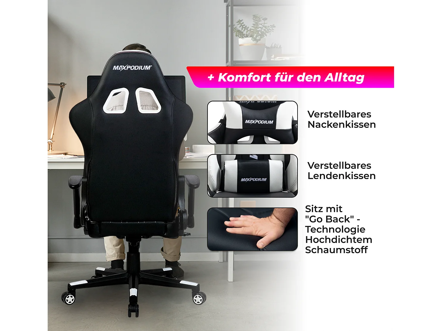 Gamingstoel – ergonomisch, volledig verstelbaar – Skilled, Zwart en Wit