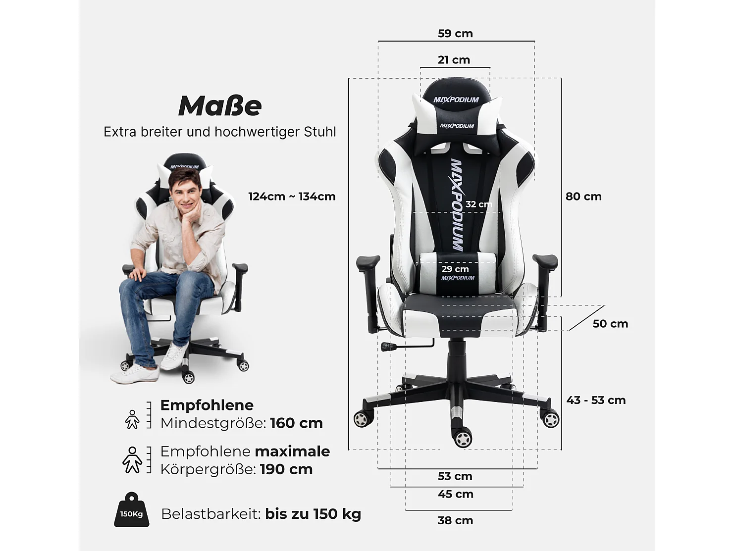 Gamingstoel – ergonomisch, volledig verstelbaar – Skilled, Zwart en Wit