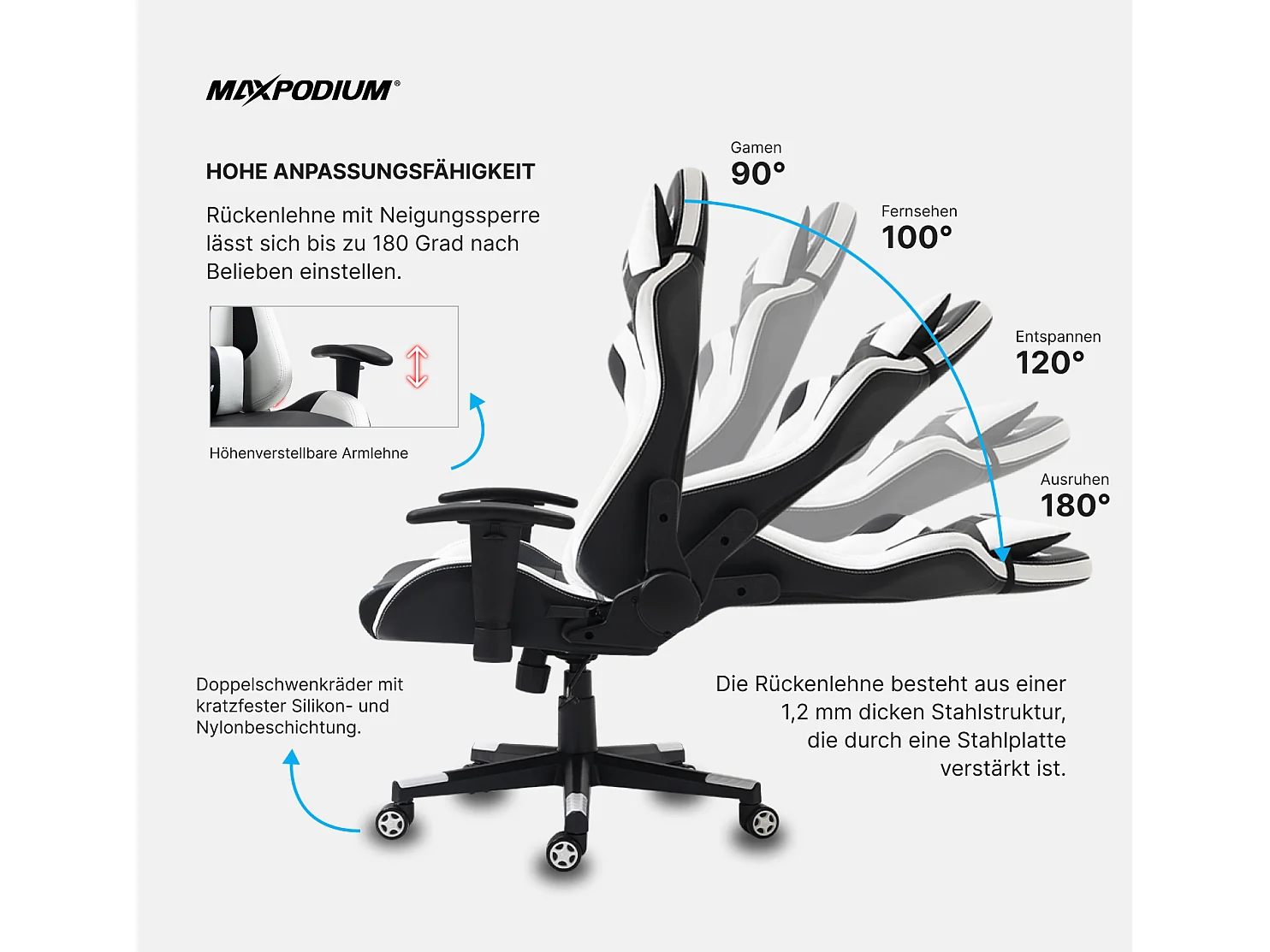 Gamingstoel – ergonomisch, volledig verstelbaar – Skilled, Zwart en Wit