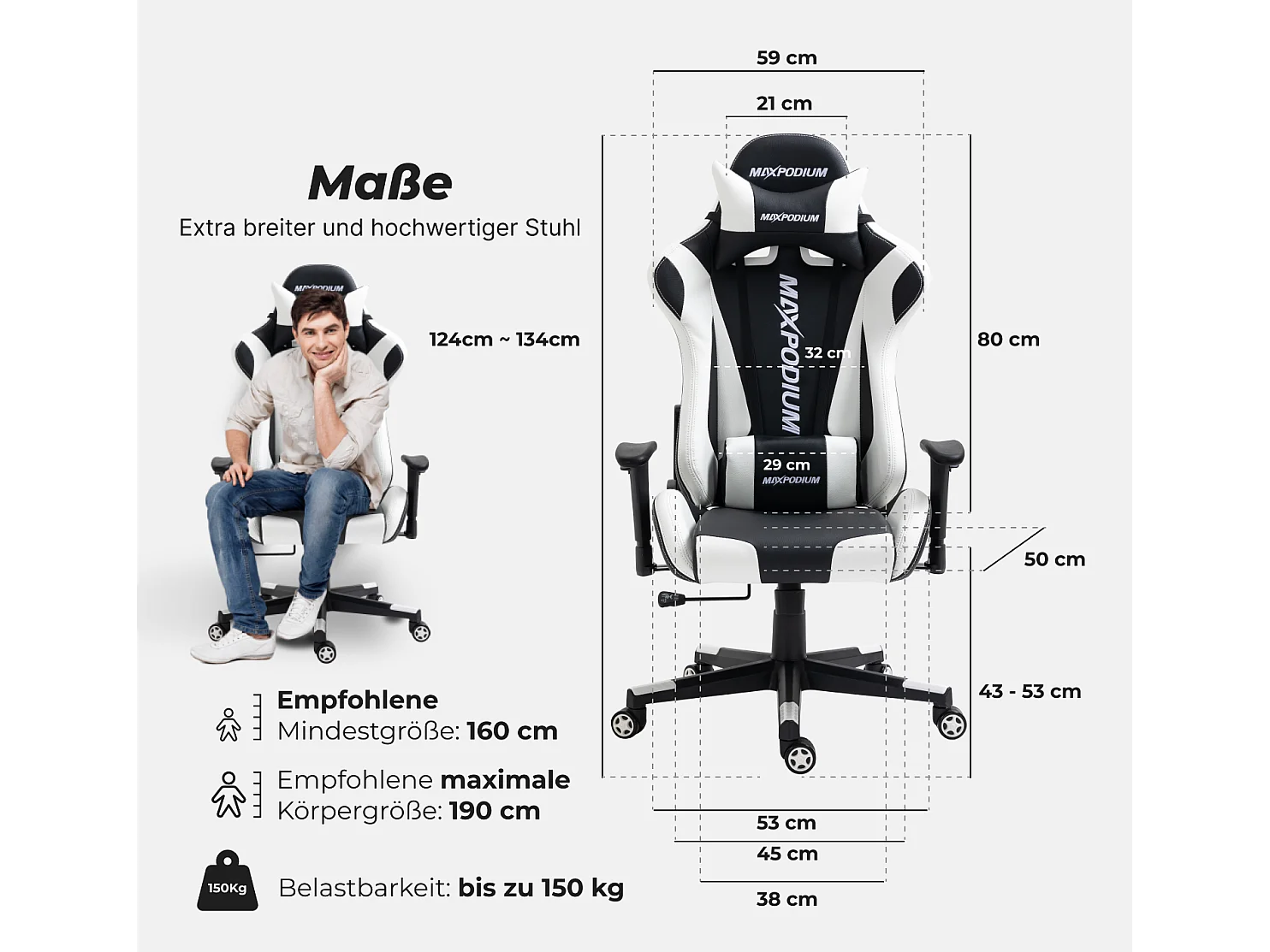 Cadeira Gaming – ergonómica, altamente ajustável  –  Skilled, Preta e Branca