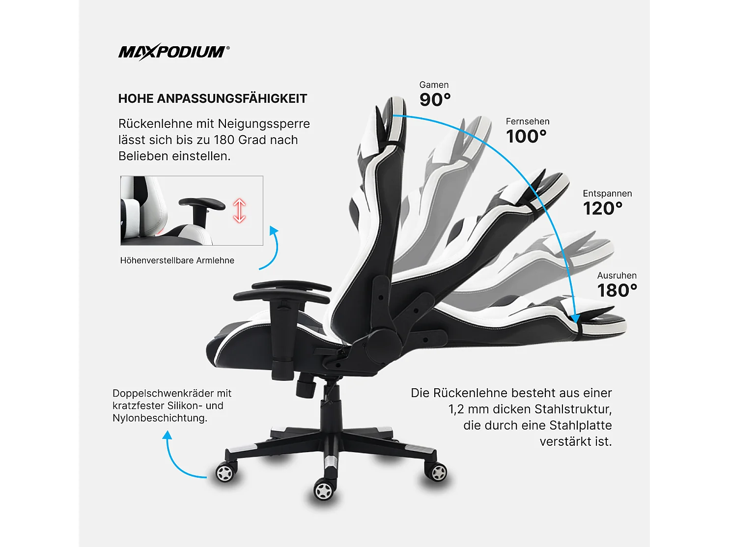 Cadeira Gaming – ergonómica, altamente ajustável  –  Skilled, Preta e Branca