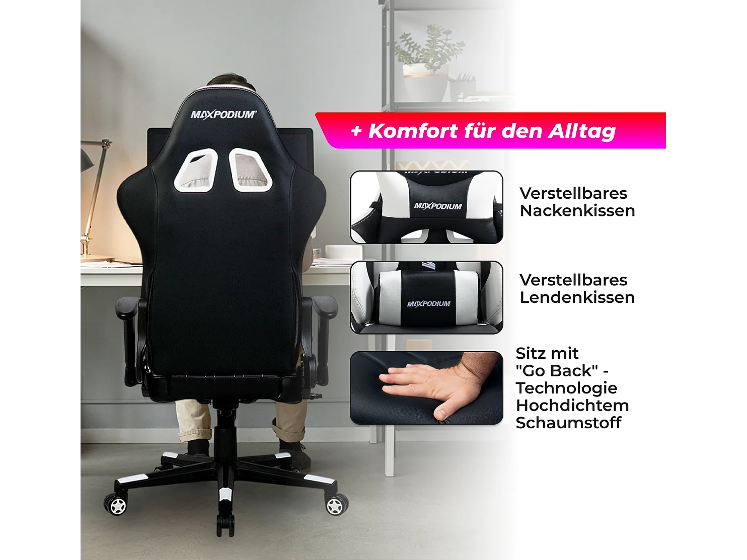 Cadeira Gaming – ergonómica, altamente ajustável  –  Skilled, Preta e Branca