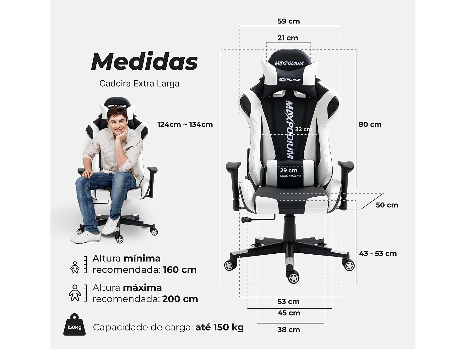 Cadeira Gaming – ergonómica, altamente ajustável  –  Skilled, Preta e Branca