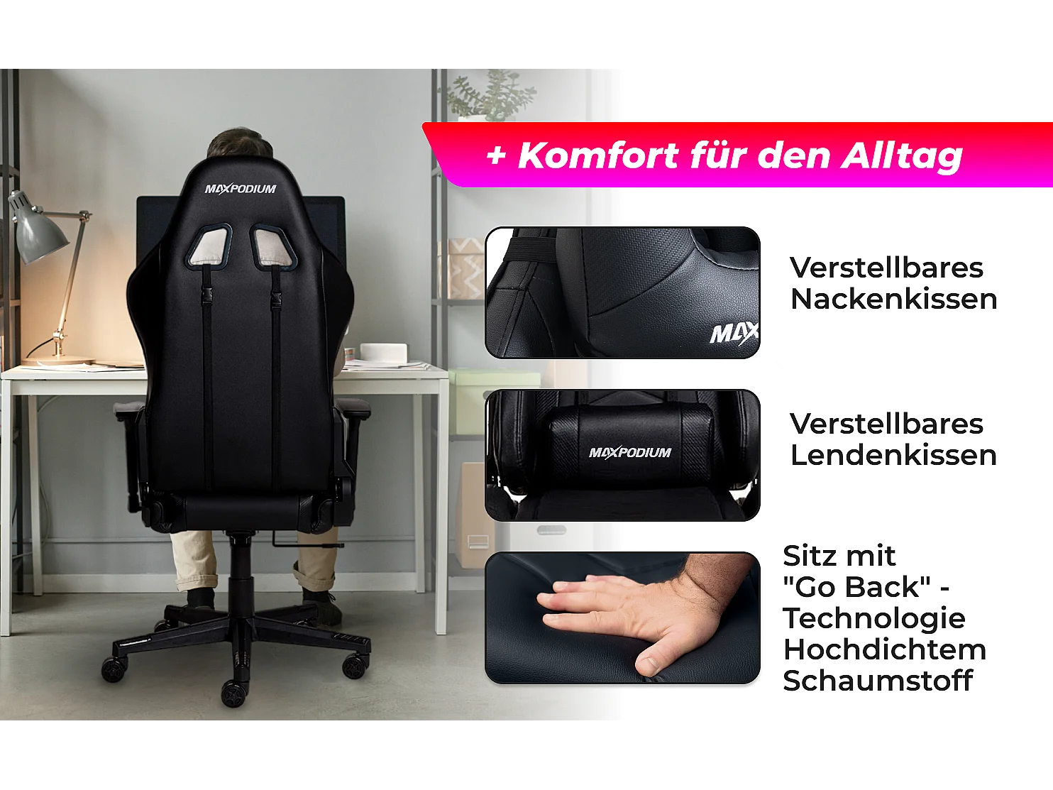 Gaming Stuhl – ergonomisch, extra breit und vielseitig einstellbar – MaxPodium Tactical, Schwarz
