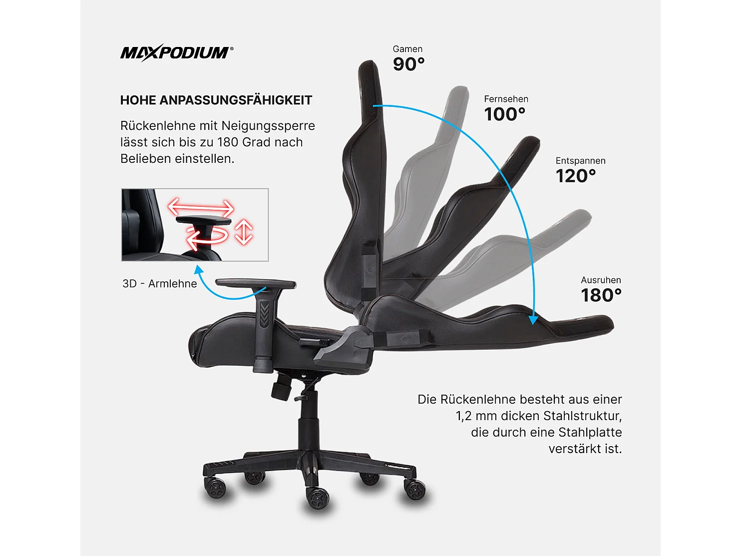 Gaming Stuhl – ergonomisch, extra breit und vielseitig einstellbar – MaxPodium Tactical, Schwarz
