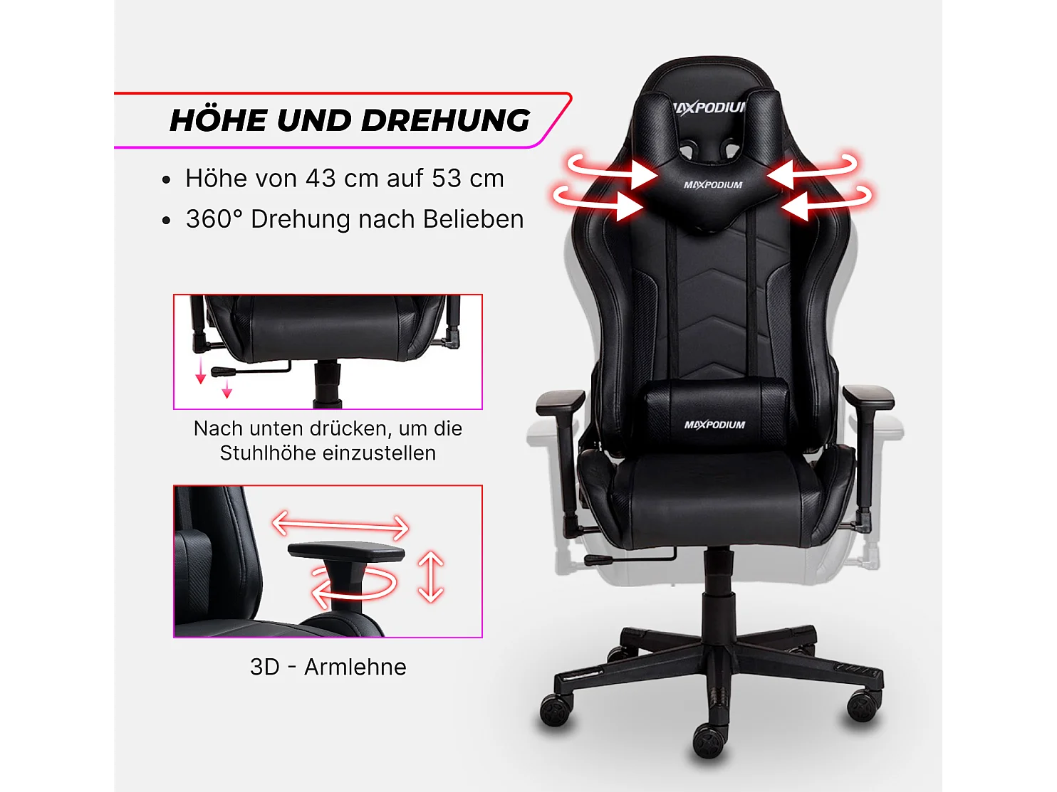Gaming Stuhl – ergonomisch, extra breit und vielseitig einstellbar – MaxPodium Tactical, Schwarz