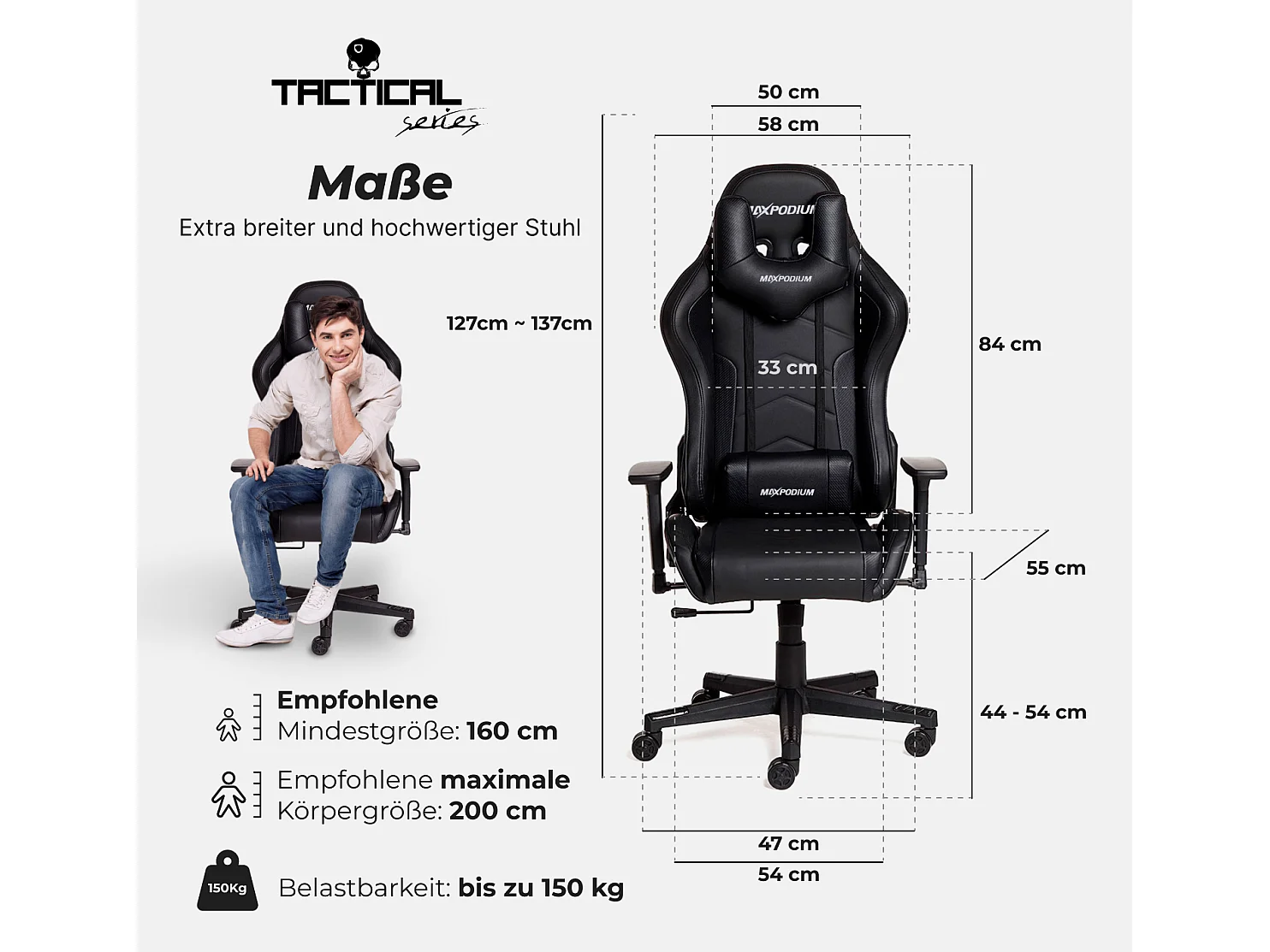 Chaise Gaming – ergonomique, hautement réglable, supporte jusqu'à 150 kg – Tactical, Noire