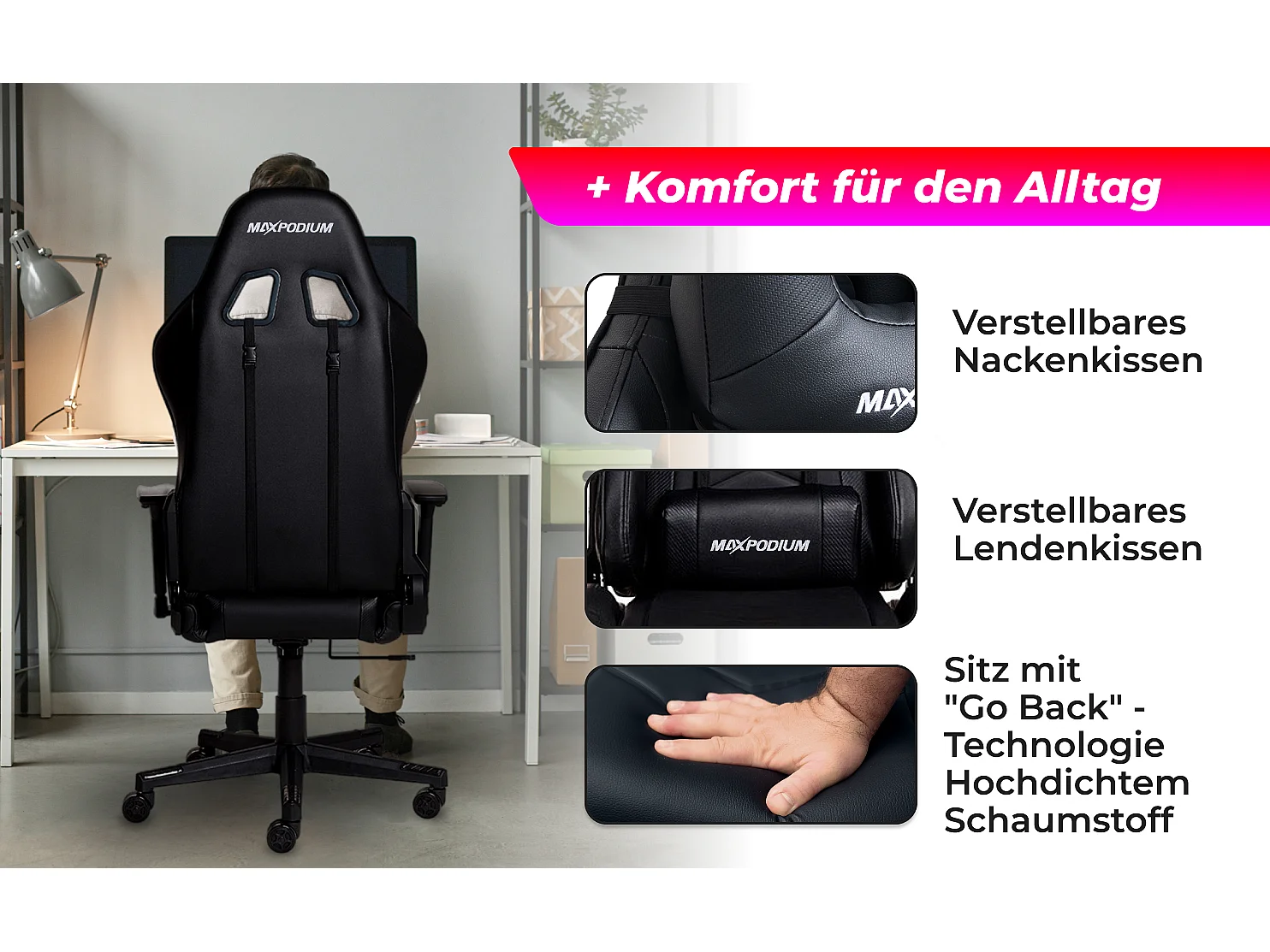 Chaise Gaming – ergonomique, hautement réglable, supporte jusqu'à 150 kg – Tactical, Noire