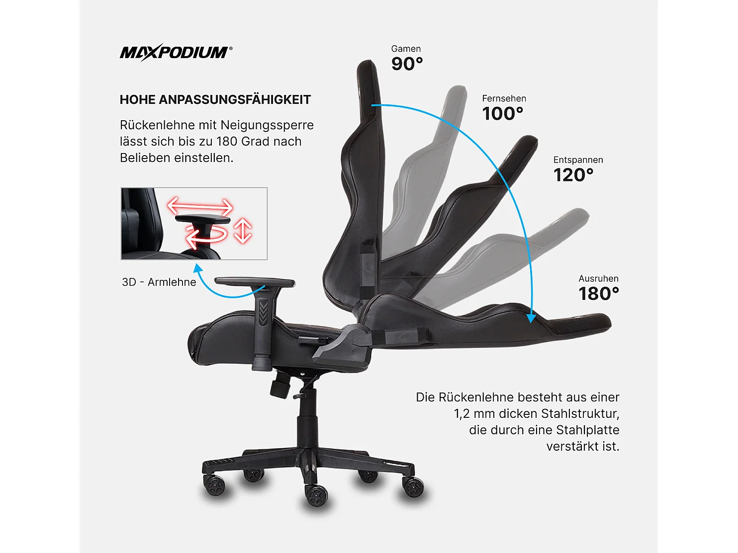 Chaise Gaming – ergonomique, hautement réglable, supporte jusqu'à 150 kg – Tactical, Noire