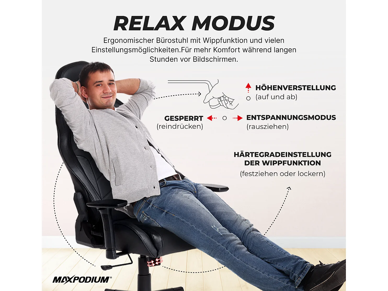 Chaise Gaming – ergonomique, hautement réglable, supporte jusqu'à 150 kg – Tactical, Noire