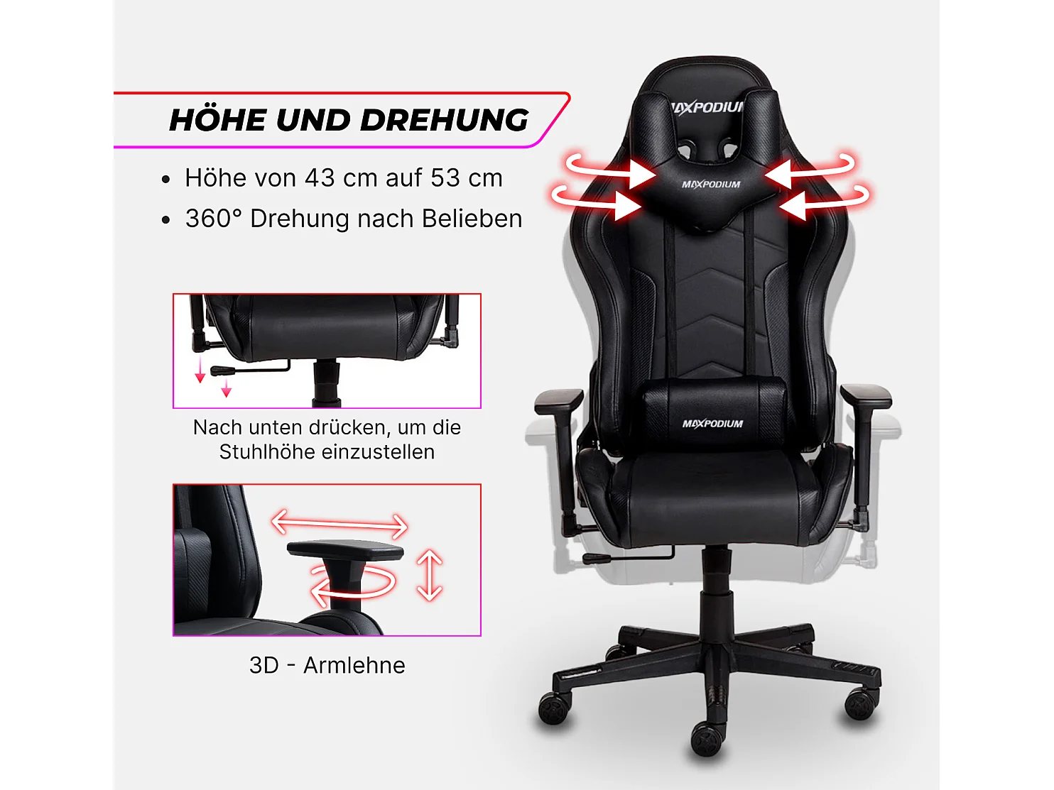 Chaise Gaming – ergonomique, hautement réglable, supporte jusqu'à 150 kg – Tactical, Noire