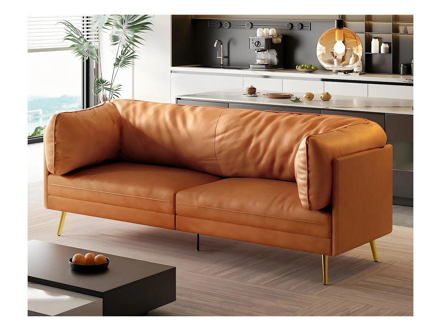 2/3-zitsbank in kunstleer, met diepe en comfortabele 56 cm zitkussens, 185x76x90 cm, oranje