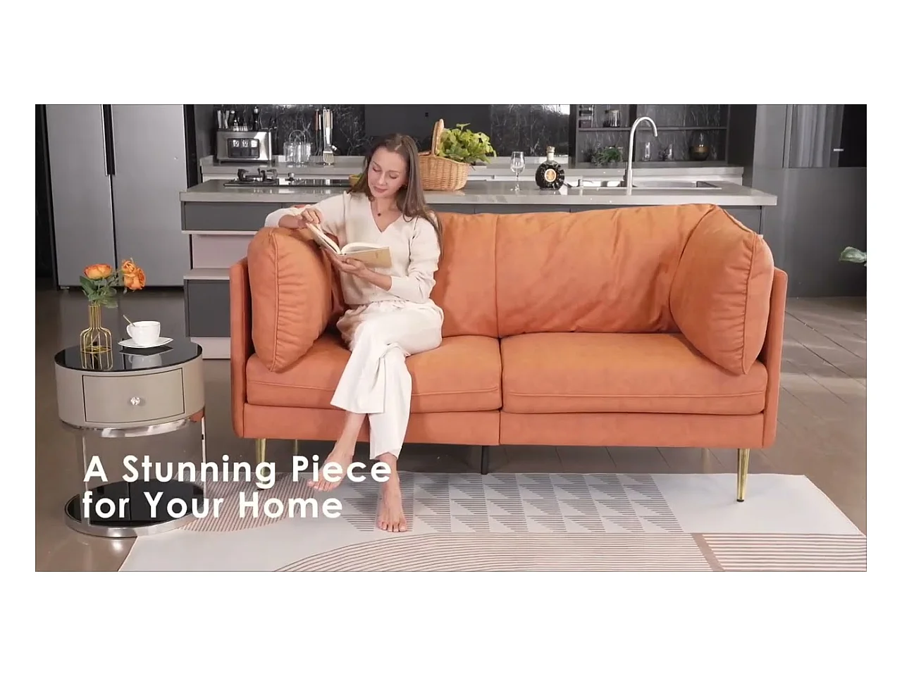 Canapé en simili orange, 2-3 places, avec 56cm coussins d'assise profonds et confortables, 185x76x90cm