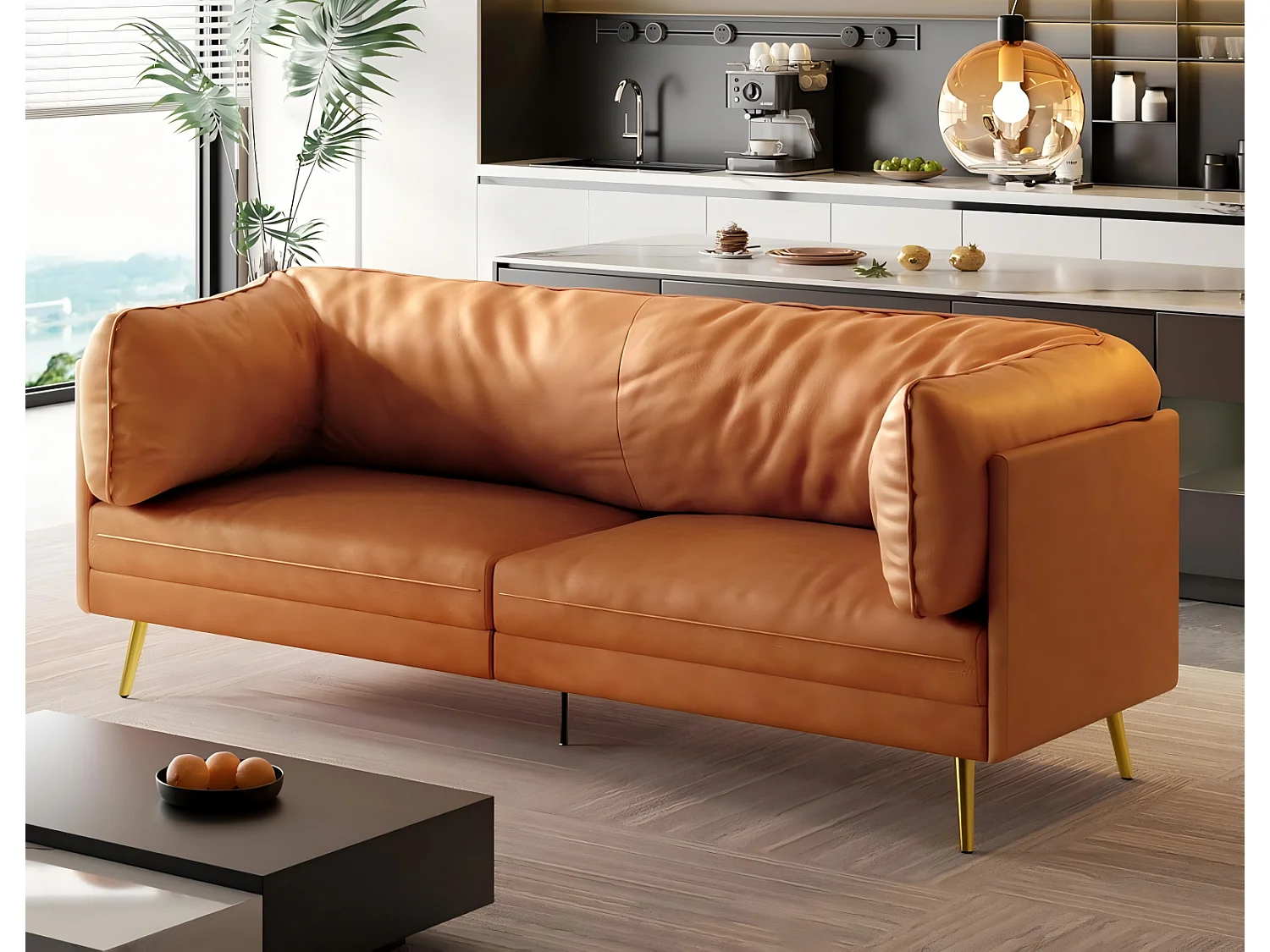 2/3-zitsbank in kunstleer, met diepe en comfortabele 56 cm zitkussens, 185x76x90 cm, oranje