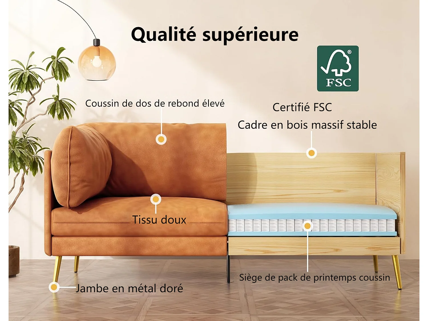 Divano 2/3 posti in similpelle, con cuscini del sedile profondi e comodi da 56 cm, 185x76x90 cm, arancione