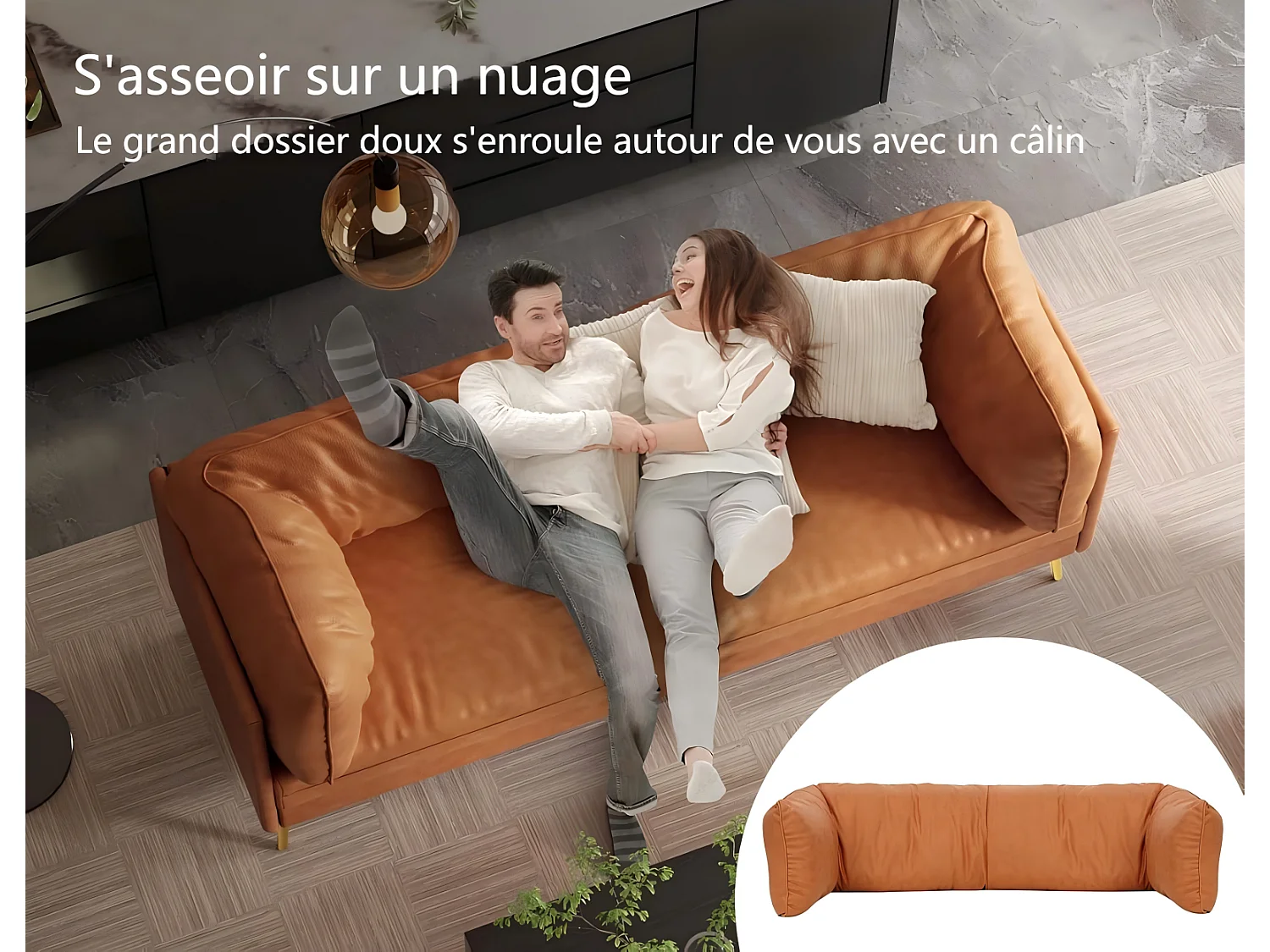 Divano 2/3 posti in similpelle, con cuscini del sedile profondi e comodi da 56 cm, 185x76x90 cm, arancione