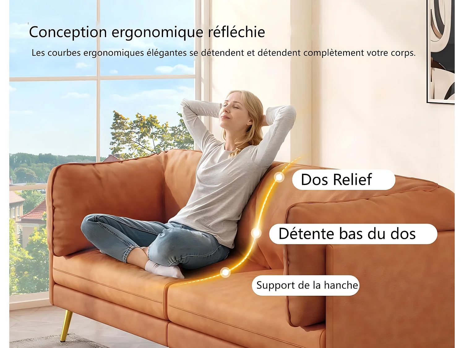 Canapé en simili orange, 2-3 places, avec 56cm coussins d'assise profonds et confortables, 185x76x90cm