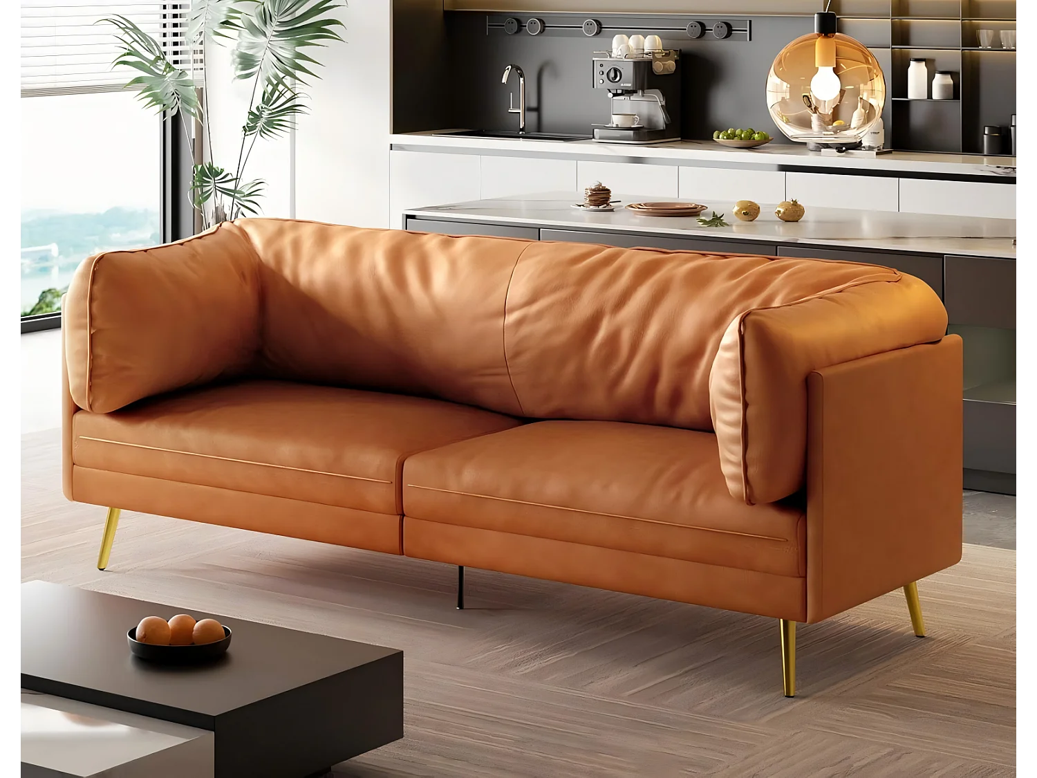 Divano 2/3 posti in similpelle, con cuscini del sedile profondi e comodi da 56 cm, 185x76x90 cm, arancione