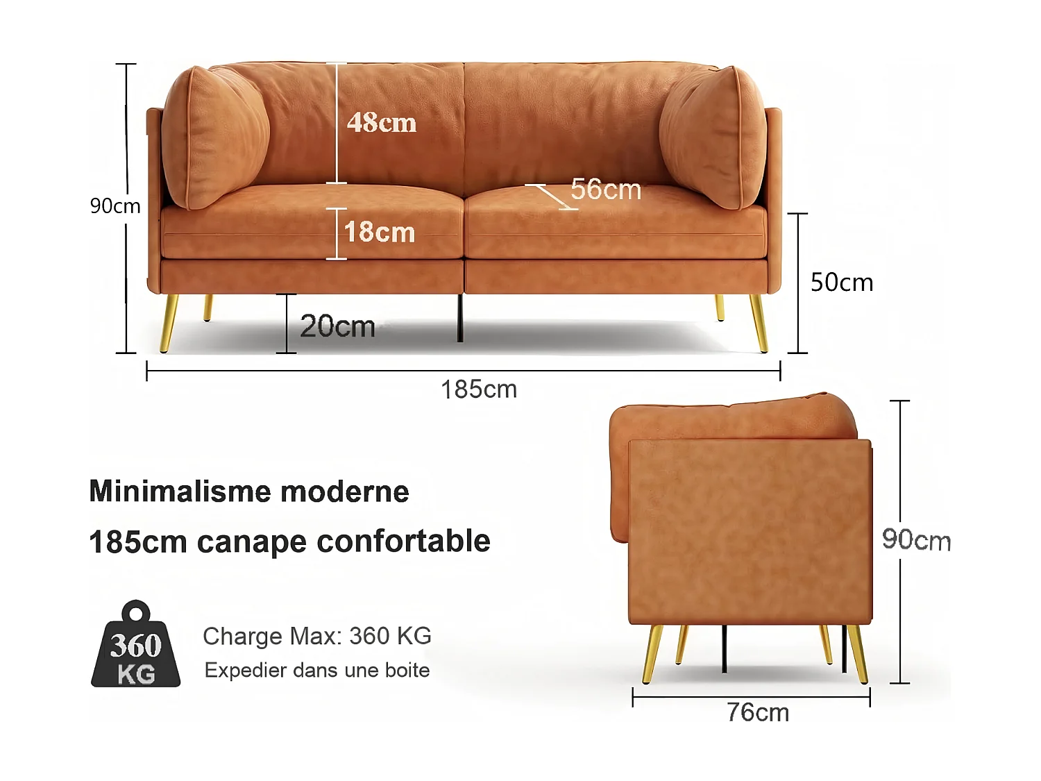 Divano 2/3 posti in similpelle, con cuscini del sedile profondi e comodi da 56 cm, 185x76x90 cm, arancione