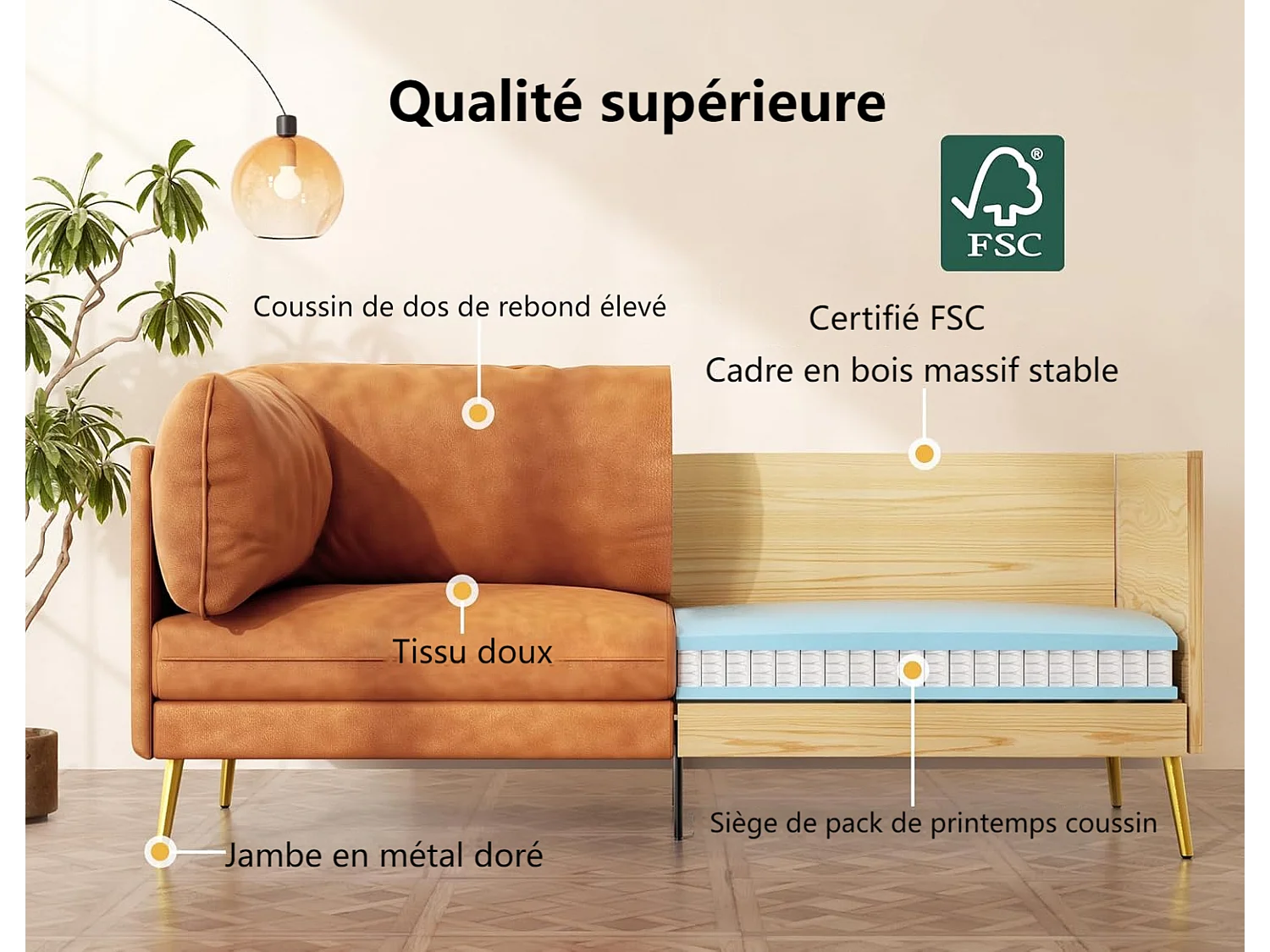 Divano 2/3 posti in similpelle, con cuscini del sedile profondi e comodi da 56 cm, 185x76x90 cm, arancione