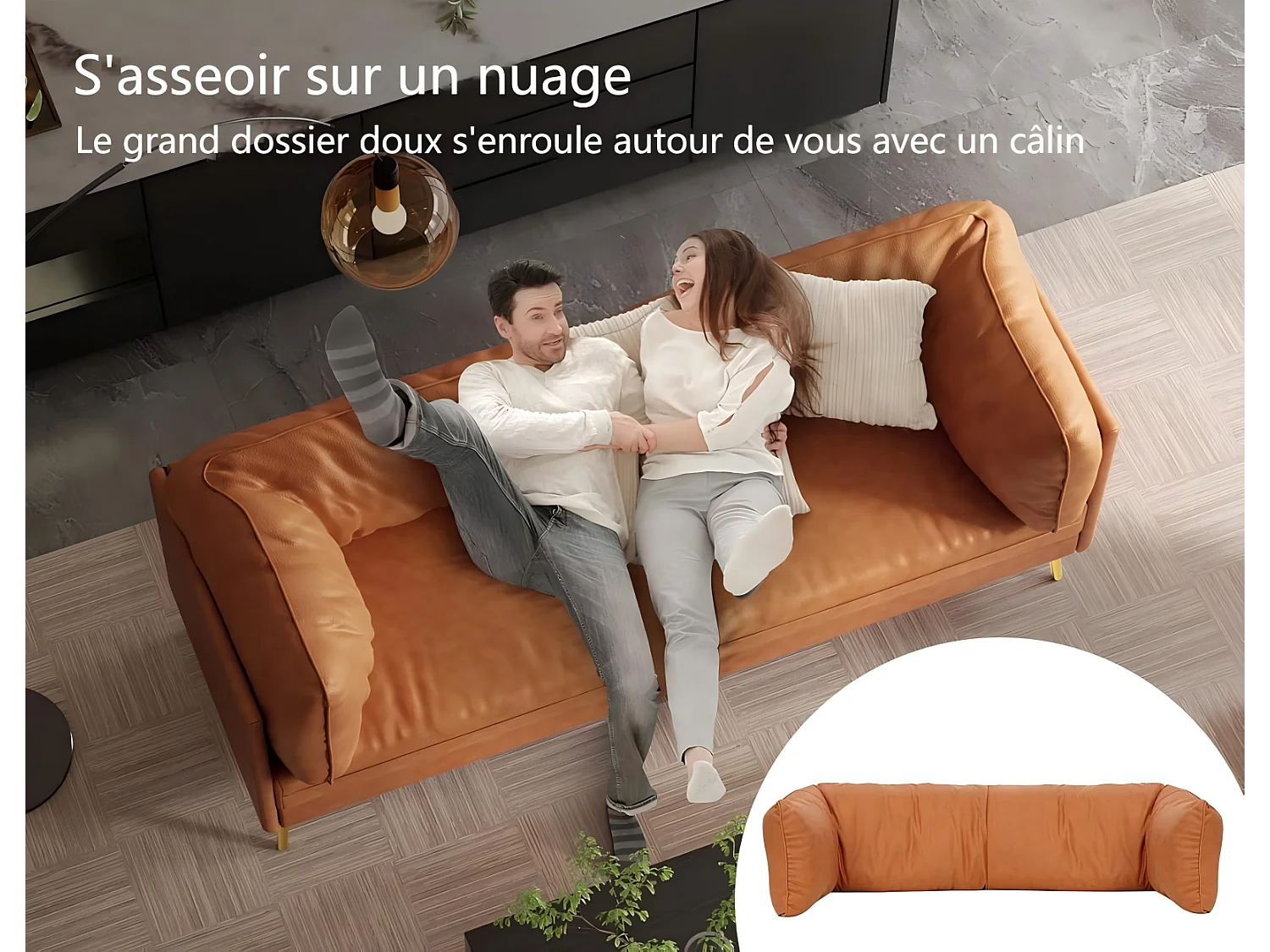 Divano 2/3 posti in similpelle, con cuscini del sedile profondi e comodi da 56 cm, 185x76x90 cm, arancione