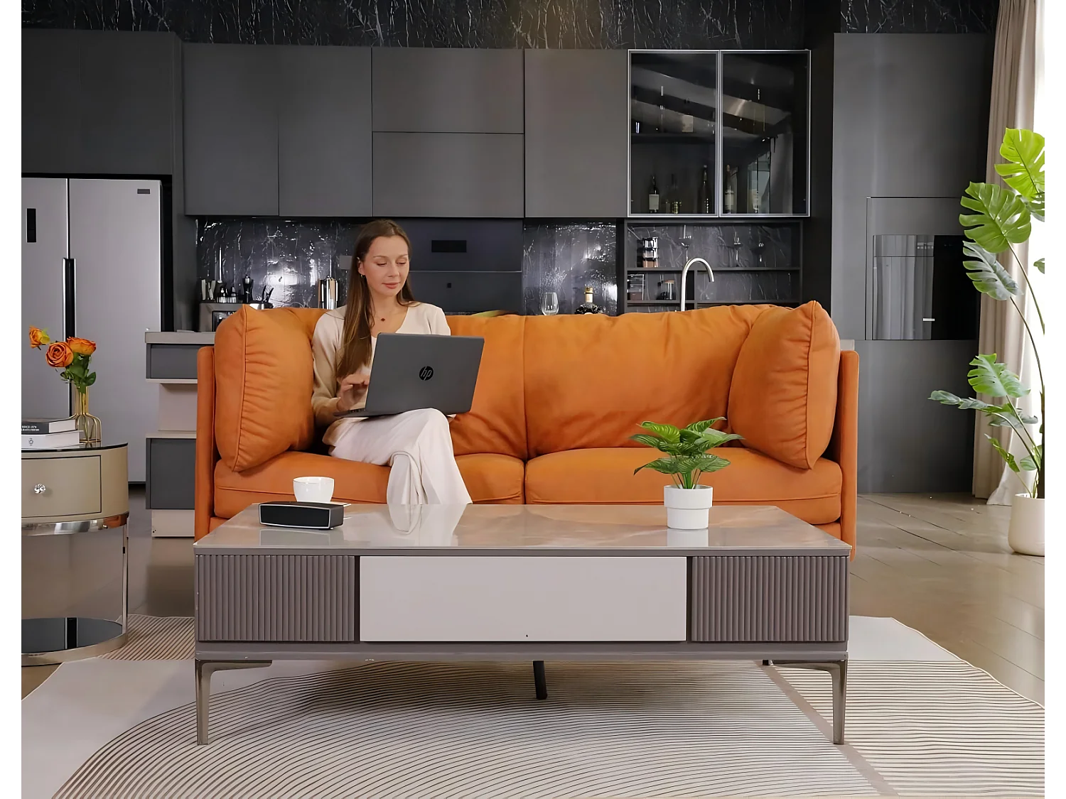 Divano 2/3 posti in similpelle, con cuscini del sedile profondi e comodi da 56 cm, 185x76x90 cm, arancione